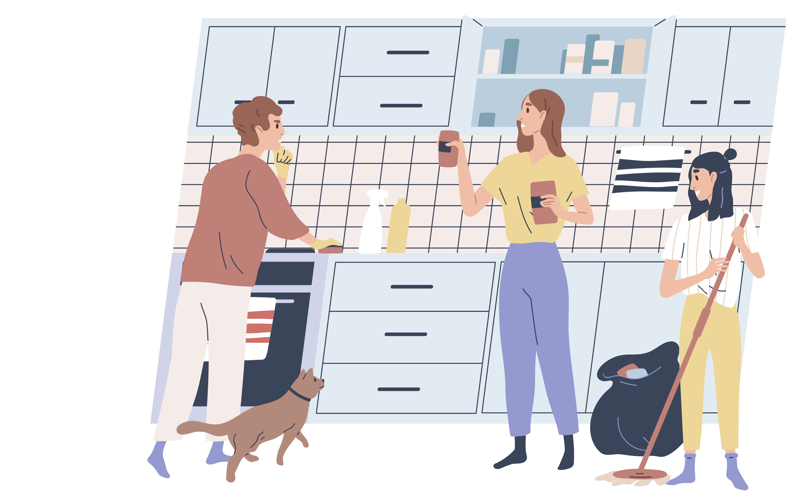 illustration of friends cleaning and organizing kitchen